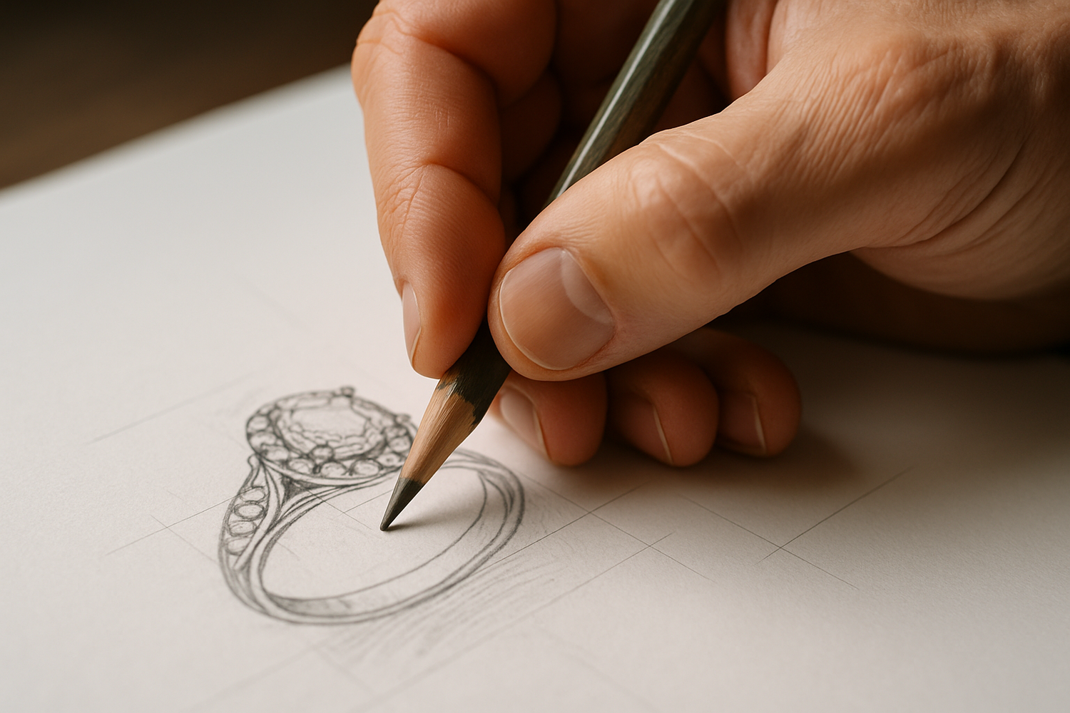 hyper realistic hand, sketching a ring design on paper
